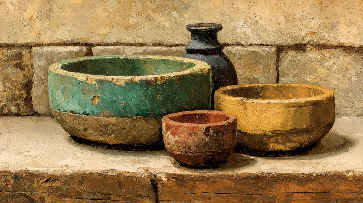 Rustic Ceramic Still Life Mural Wallpaper — Earthy Oil Painting Mural Wallpaper - room preview 04