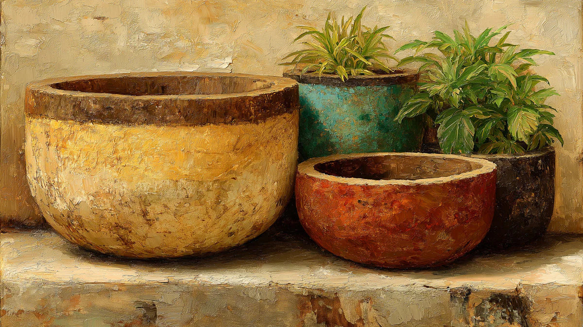 Rustic Ceramic Pot Mural Wallpaper — Oil Painting Still Life Mural Wallpaper - room preview 04