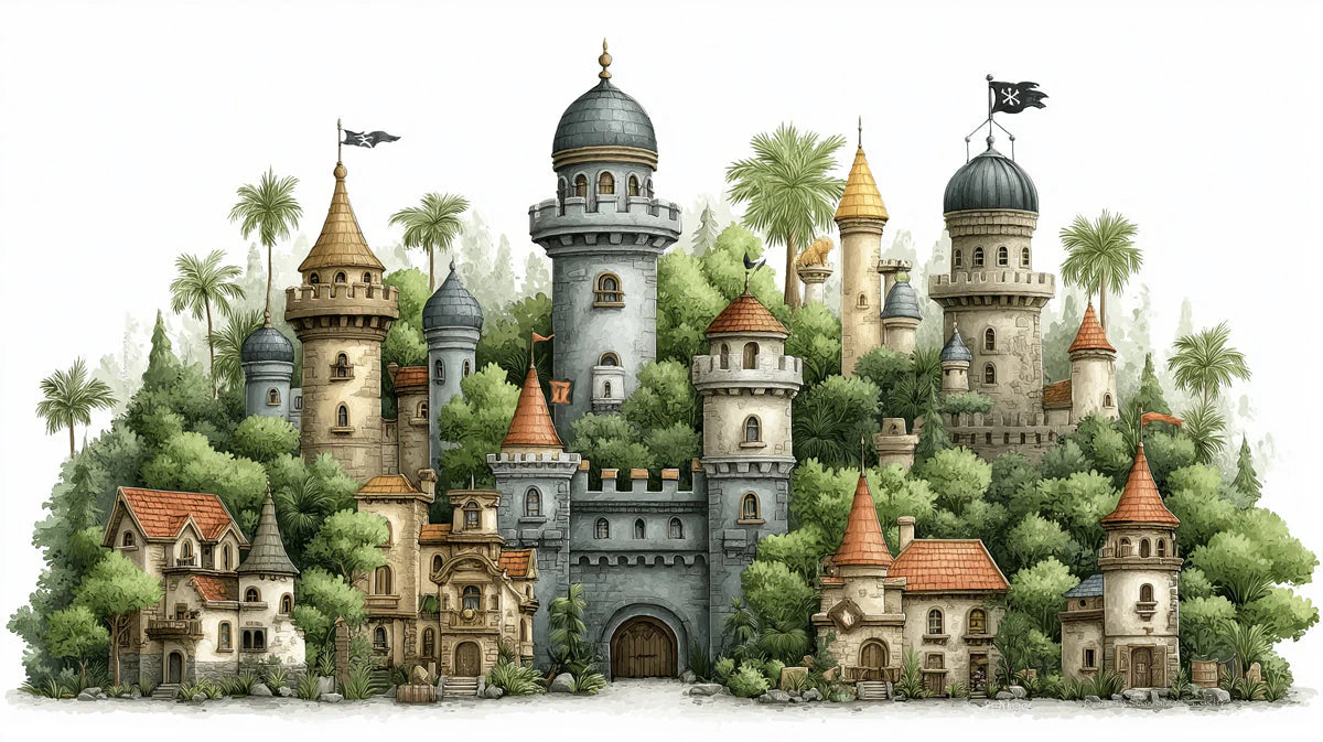 Enchanted Castle Mural Wallpaper — Whimsical Architectural Illustration Mural Wallpaper - room preview 04