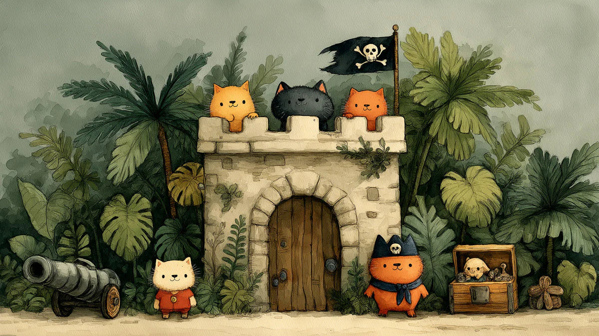 Pirate Cat Castle Mural Wallpaper — Playful Jungle Illustration Mural Wallpaper - room preview 04