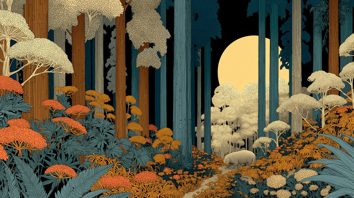 Midnight Forest Walk Mural Wallpaper — Stylized Nature Scene Mural Wallpaper - room preview 04