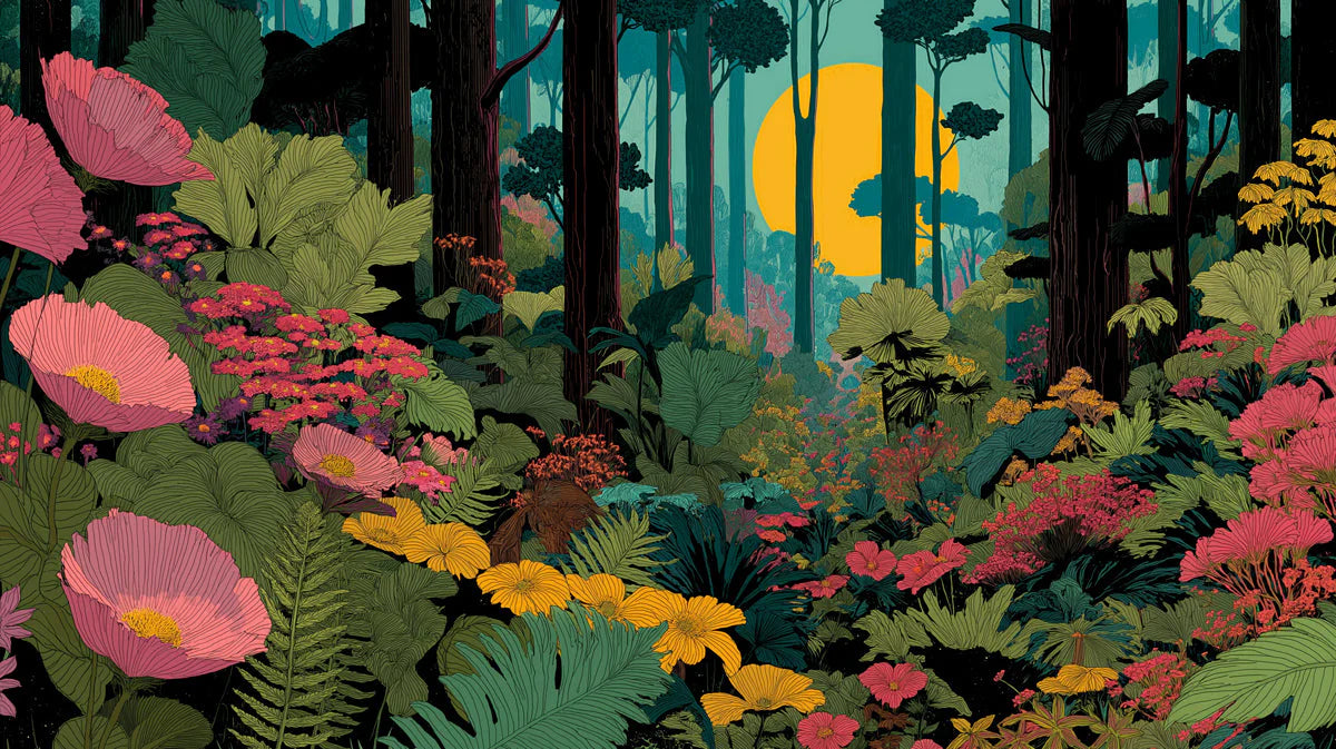 Sunlit Forest Botanical Mural Wallpaper — Whimsical Floral Art Mural Wallpaper - room preview 04