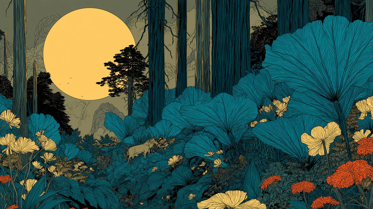 Midnight Forest Mural Wallpaper with Golden Moon Motif Mural Wallpaper - room preview 04