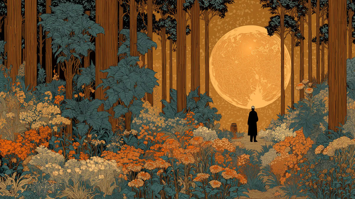 Midnight Moonlit Forest Mural Wallpaper with Botanical Detail Mural Wallpaper - room preview 04