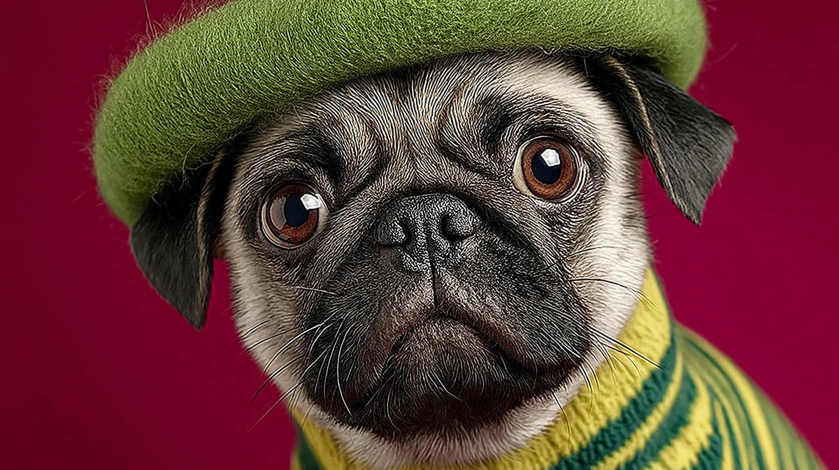 Charming Pug in Beret Mural Wallpaper — Whimsical Pet Portrait Mural Wallpaper - room preview 04