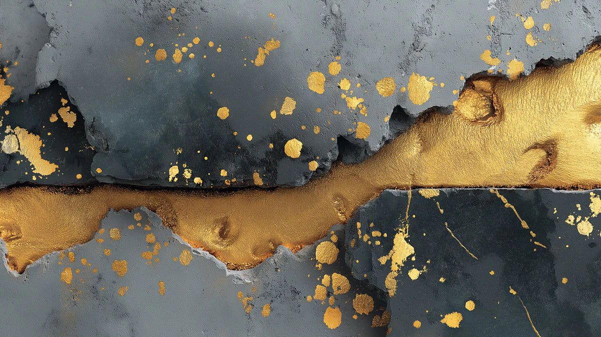 Kintsugi Concrete Mural Wallpaper — Artistic Gold and Charcoal Mural Wallpaper - room preview 04
