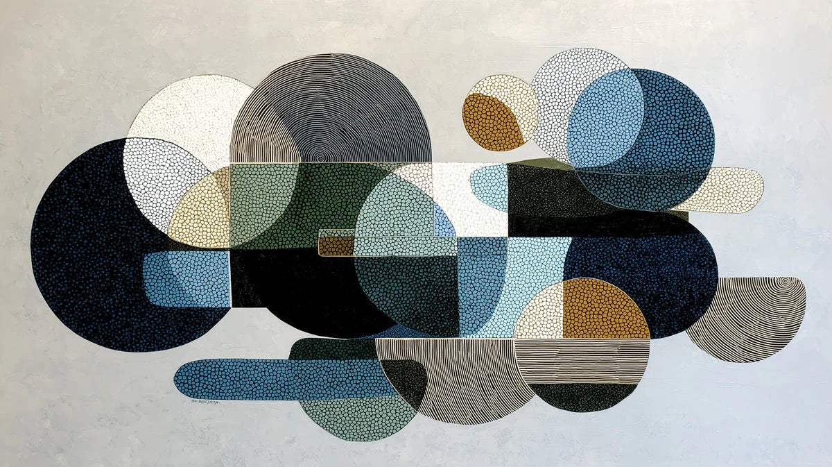 Abstract Geometric Circles Mural Wallpaper in Deep Blues and Ochre Mural Wallpaper - room preview 04