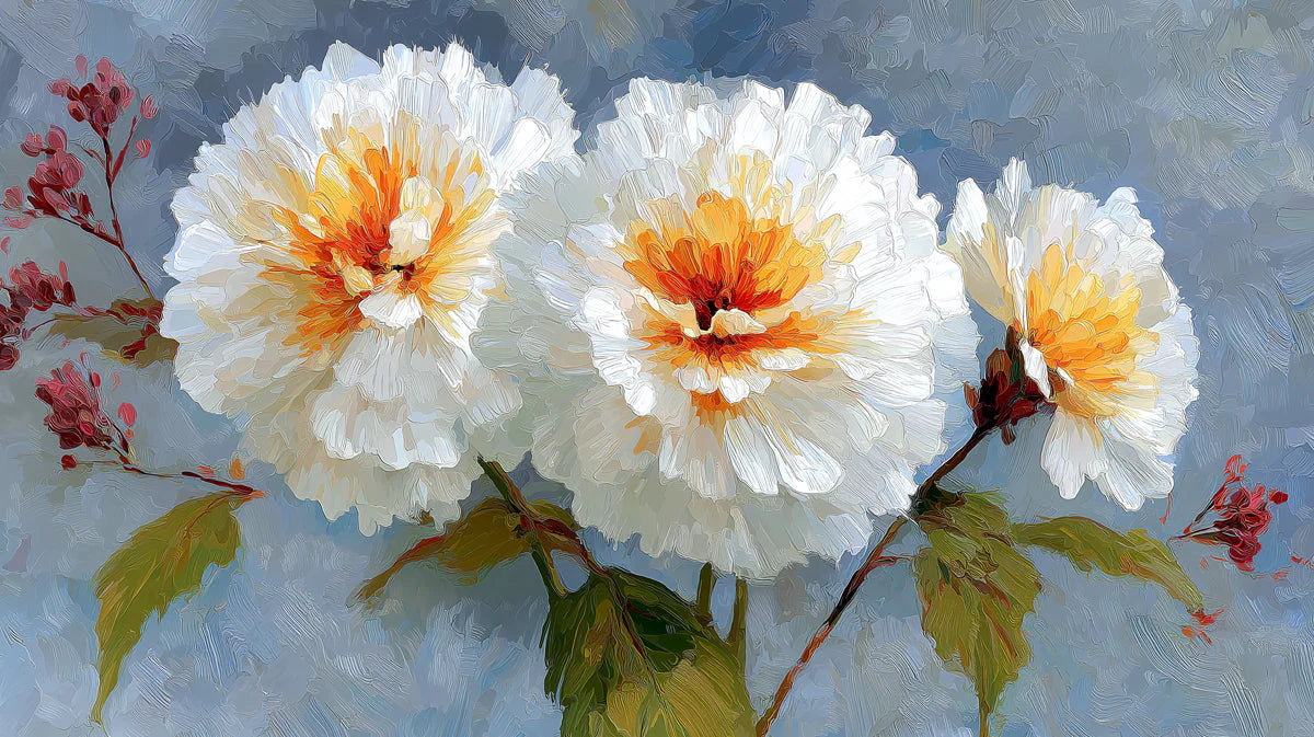 Impressionist White Peony Mural Wallpaper with Golden Centers Mural Wallpaper - room preview 04