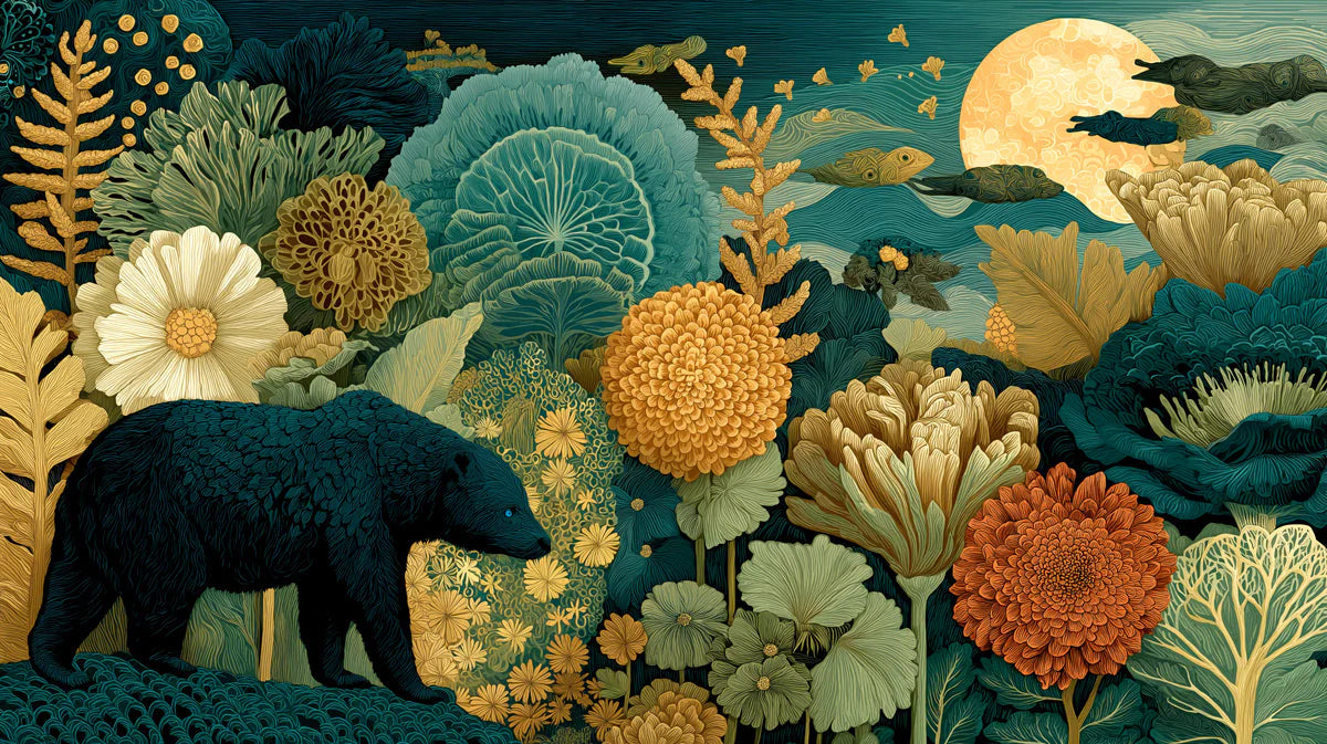 Midnight Bear and Floral Meadow Mural Wallpaper - room preview 04