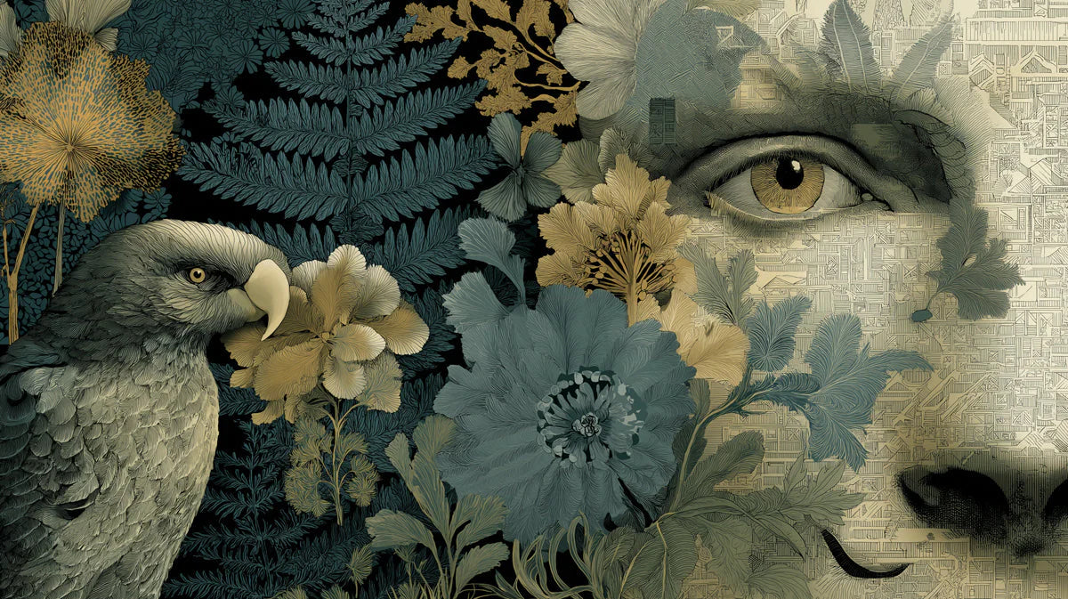 Gaze and Flora Mural Wallpaper — Surrealist Botanical Art Mural Wallpaper - room preview 04