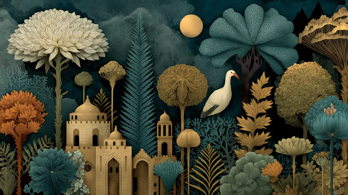 Stork and Ancient Architecture Mural Wallpaper — Nocturnal Garden Mural Wallpaper - room preview 04