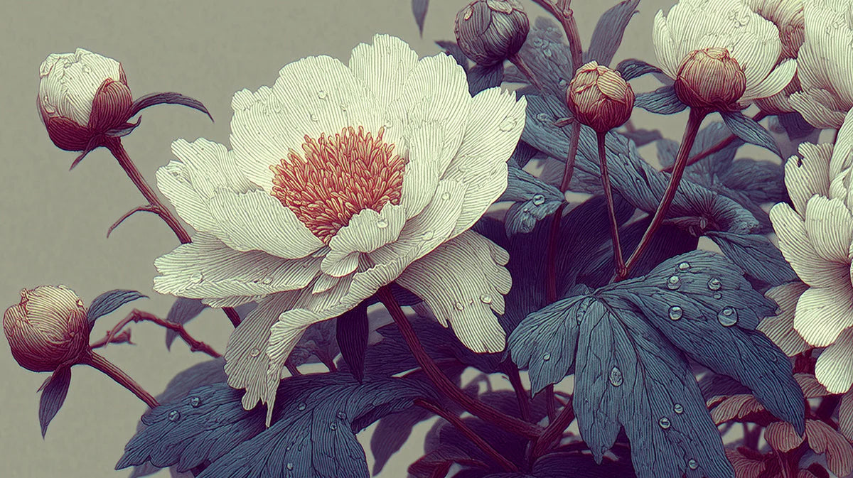 Engraved Peony Blossom Mural Wallpaper — Vintage Botanical Art Mural Wallpaper - room preview 04