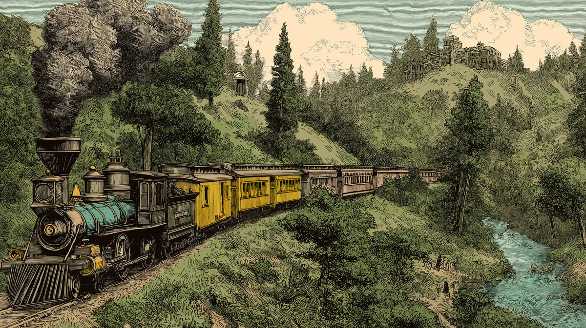 Vintage Steam Train Mountain Landscape Mural Wallpaper - room preview 04