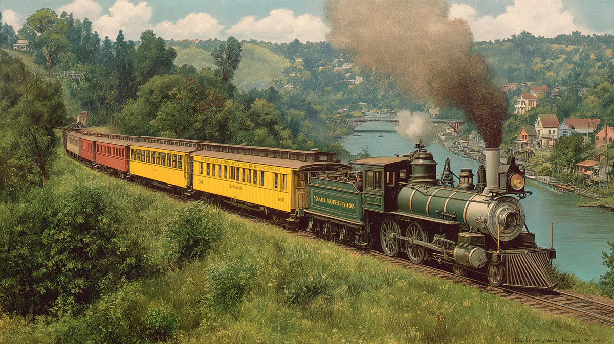 Vintage Steam Locomotive Scenic Mural Wallpaper —Classic Rail Art Mural Wallpaper - room preview 04