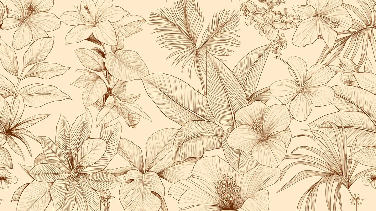 Monochrome Botanical Line Art Mural Wallpaper — Beige & Copper Mural Wallpaper - room preview 04