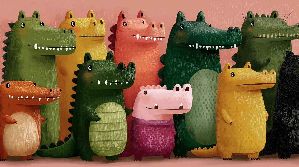 Friendly Crocodile Parade Mural Wallpaper — Whimsical Children’s Decor Mural Wallpaper - room preview 04