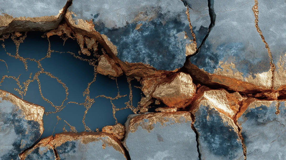 Kintsugi Stone Mural Wallpaper — Abstract Blue and Gold Luxury Mural Wallpaper - room preview 04