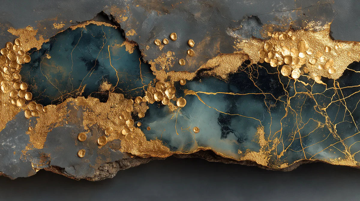 Gilded Slate Abstract Mural Wallpaper with Textured Gold Accents Mural Wallpaper - room preview 04