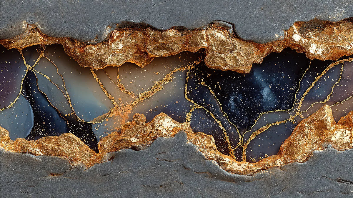 Gilded Geode Fissure Mural Wallpaper in Charcoal and Gold Mural Wallpaper - room preview 04