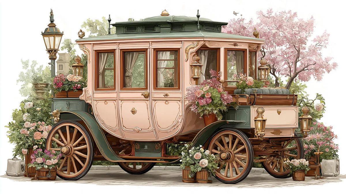 Vintage Carriage Floral Mural Wallpaper — Whimsical Garden Scene Mural Wallpaper - room preview 04