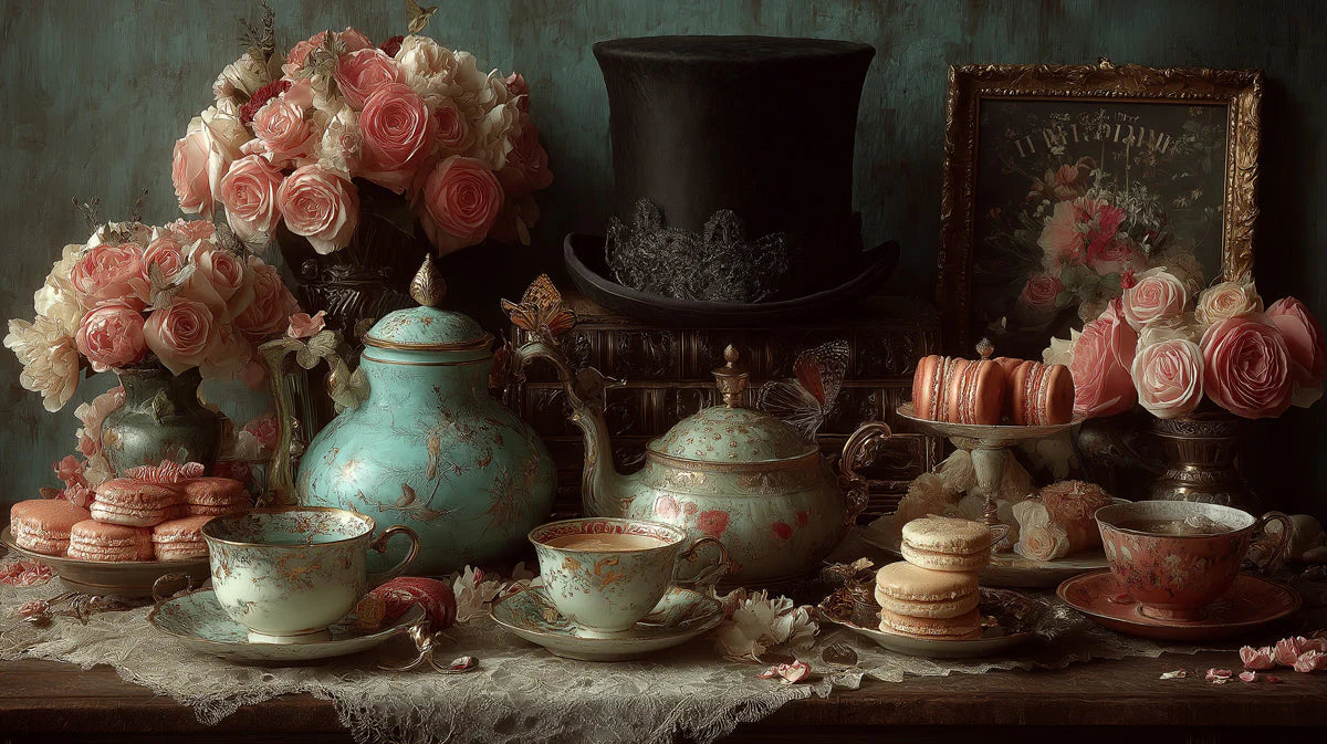 Vintage Victorian Tea Party Mural Wallpaper —Whimsical Still Life Mural Wallpaper - room preview 04