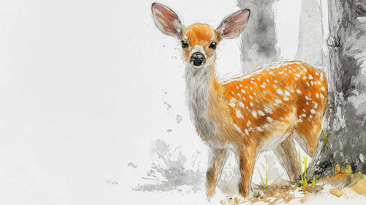 Fawn in the Woodland Mural Wallpaper — Artistic Deer Illustration Mural Wallpaper - room preview 04