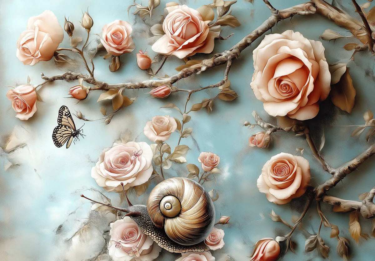 Rose Garden Snail and Butterfly Mural Wallpaper — Whimsical Decor Mural Wallpaper - room preview 04