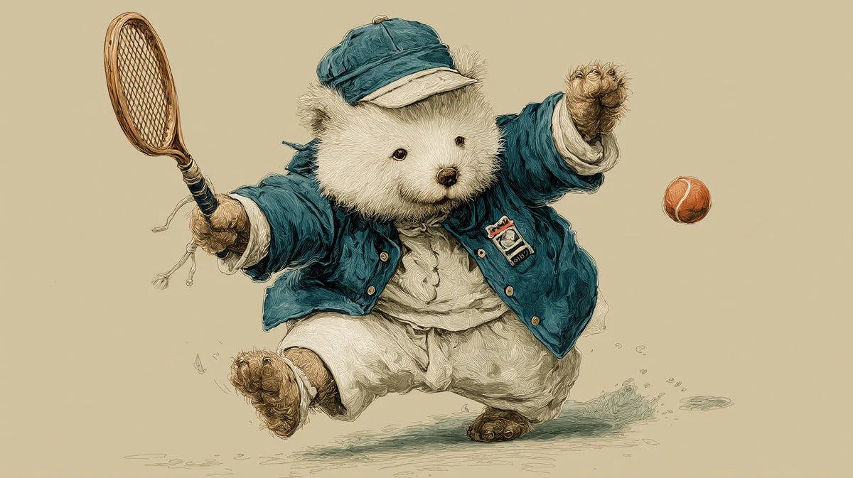 Vintage Tennis Bear Mural Wallpaper in Ink Sketch Style Mural Wallpaper - room preview 04