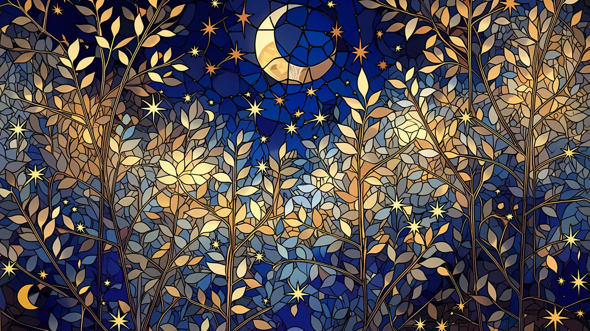 Stained Glass Night Forest Mural Wallpaper with Golden Moon Mural Wallpaper - room preview 04
