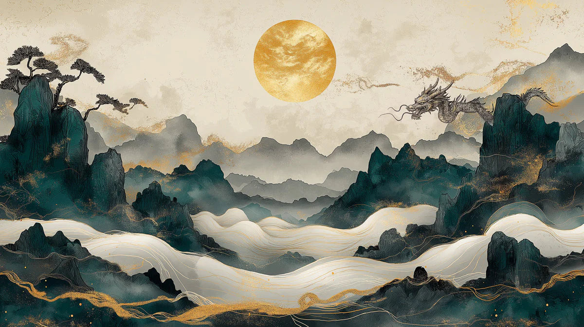 Golden Dragon Peaks Mural Wallpaper — Oriental Artistic Style Mural Wallpaper - room preview 04