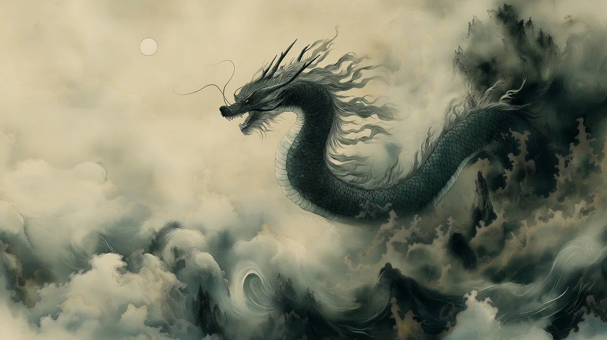 Ethereal Dragon Mural Wallpaper in Muted Ink Wash Tones Mural Wallpaper - room preview 04