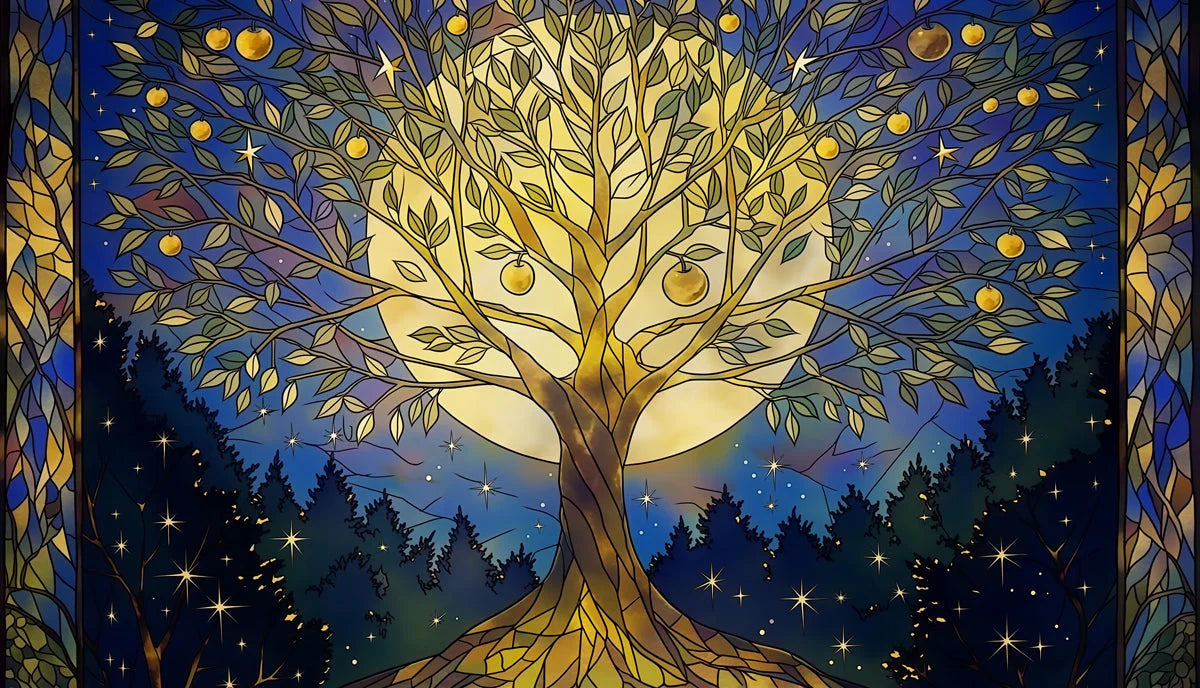 Stained Glass Moonlit Tree Mural Wallpaper — Celestial Art Mural Wallpaper - room preview 04