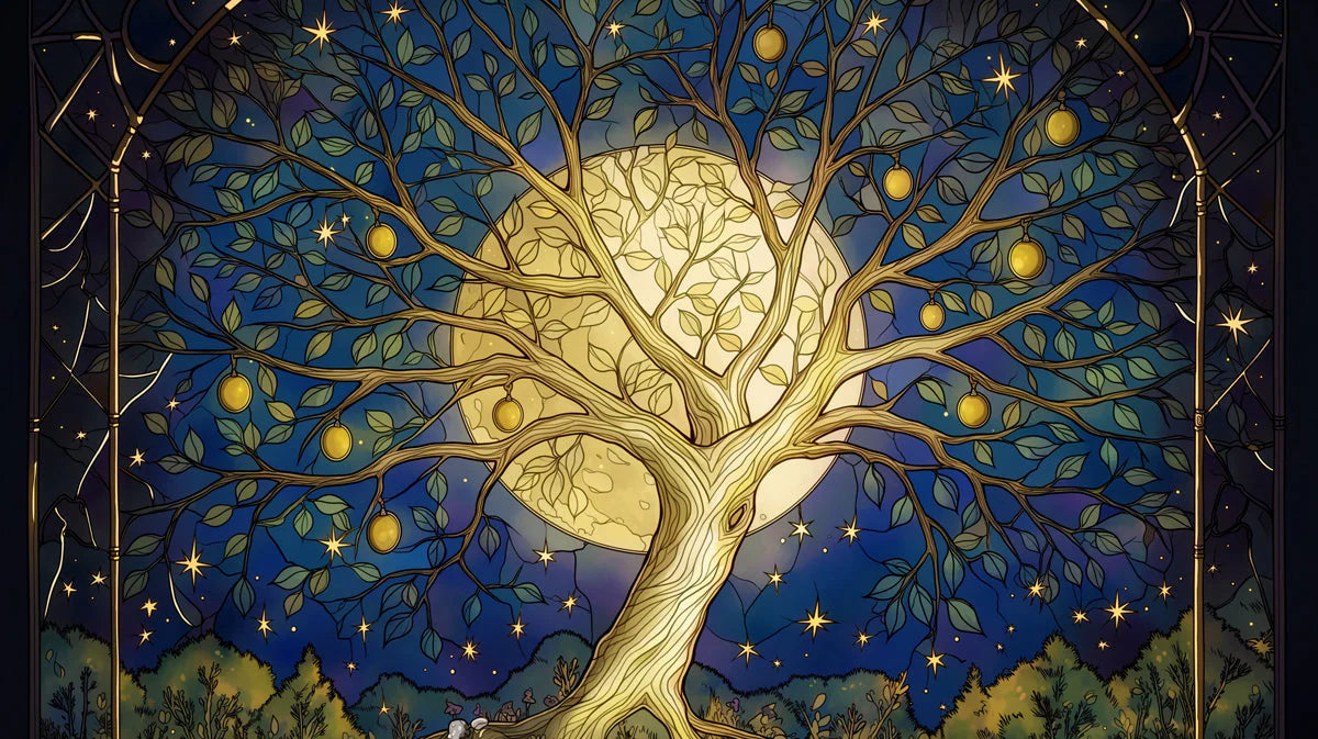 Celestial Fruit Tree Mural Wallpaper in Midnight Blue and Gold Mural Wallpaper - room preview 04