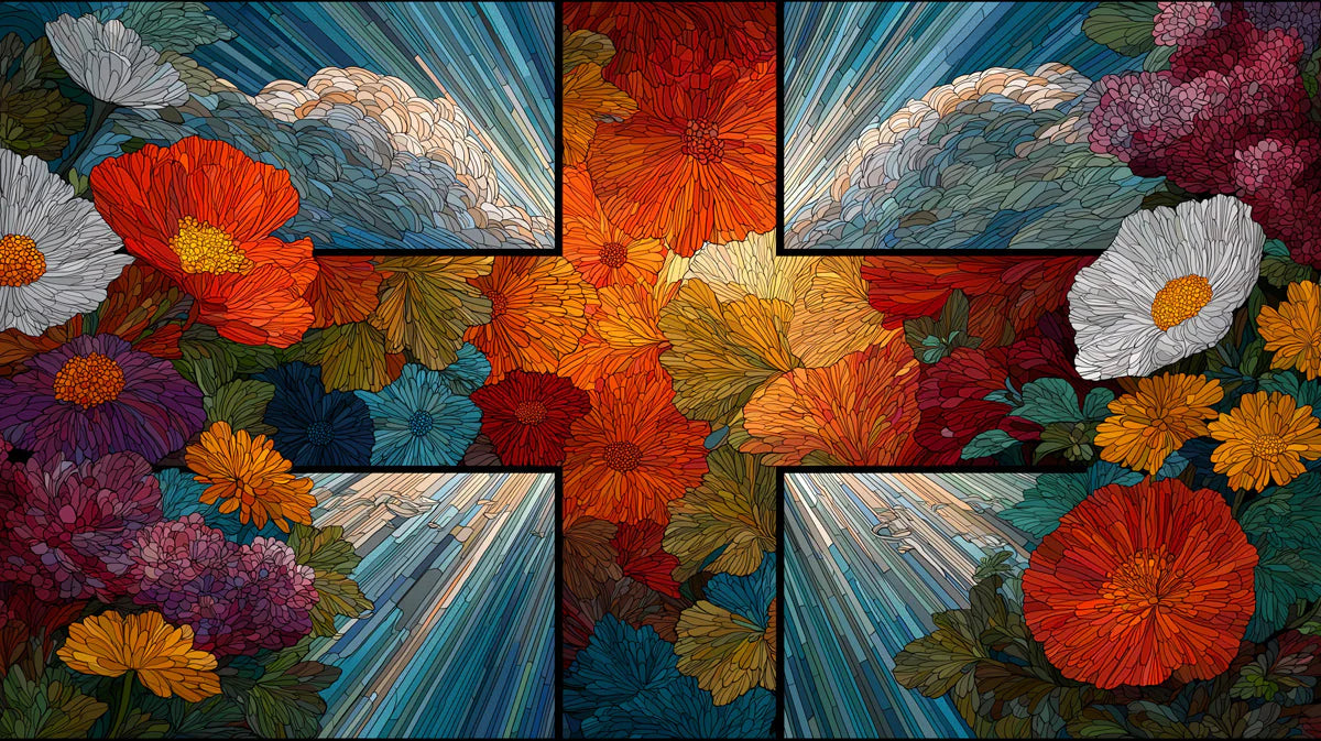Stained Glass Floral Mural Wallpaper — Artistic Botanical Design Mural Wallpaper - room preview 04