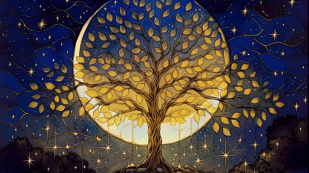 Celestial Gold Tree Mural Wallpaper with Midnight Blue Backdrop Mural Wallpaper - room preview 04