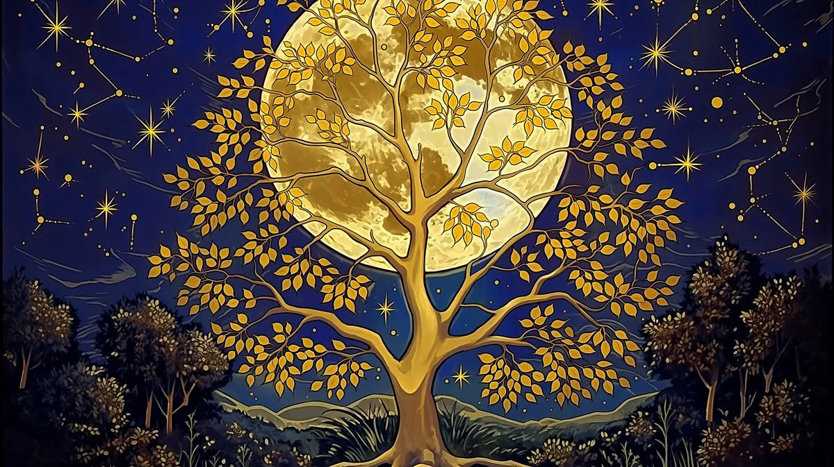 Celestial Moonlit Tree Mural Wallpaper — Gold and Navy Design Mural Wallpaper - room preview 04