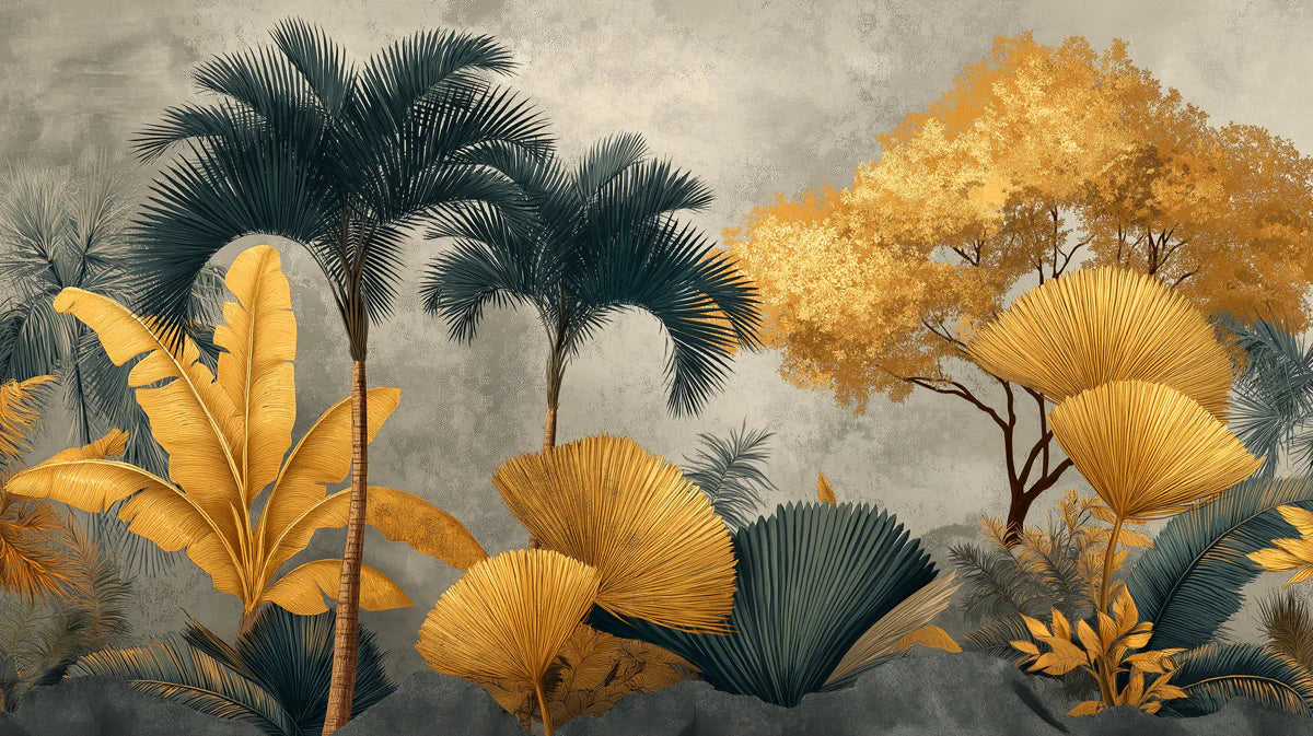 Gilded Palm Oasis Mural Wallpaper — Sophisticated Tropical Art Mural Wallpaper - room preview 04