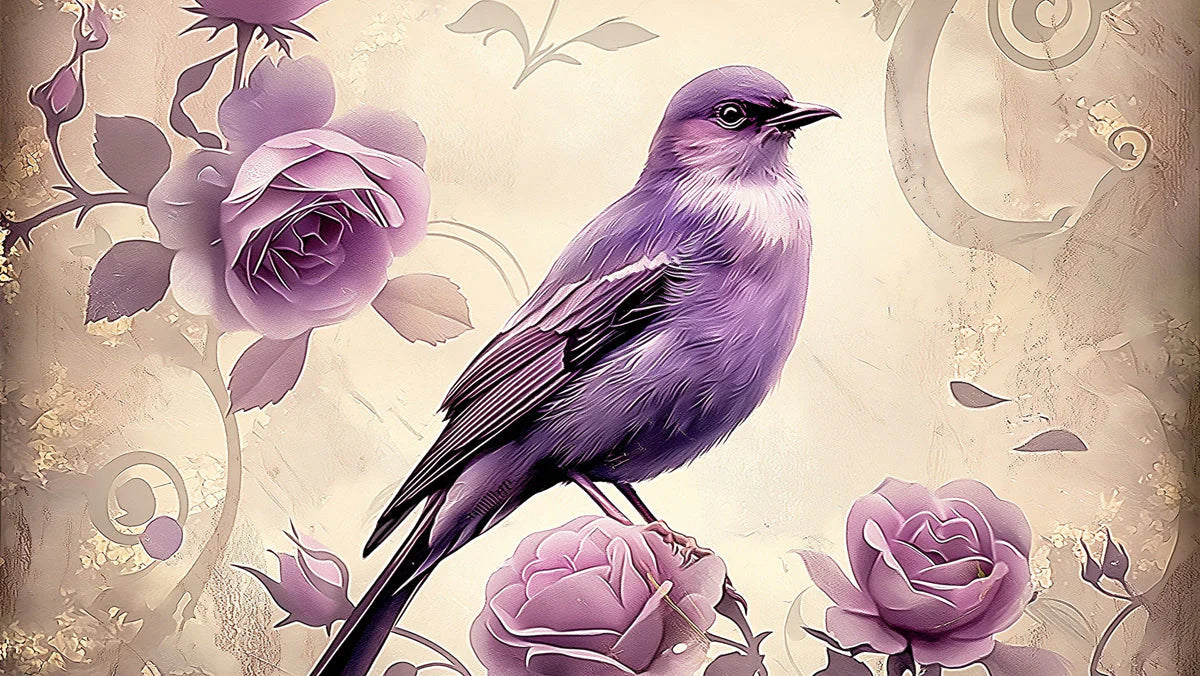 Purple Rose and Songbird Mural Wallpaper — Whimsical Floral Mural Wallpaper - room preview 04