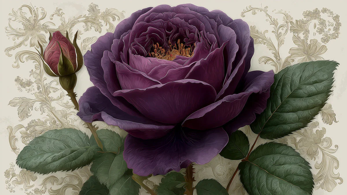 Midnight Rose Floral Mural Wallpaper — Romantic Baroque Style Mural Wallpaper - room preview 04