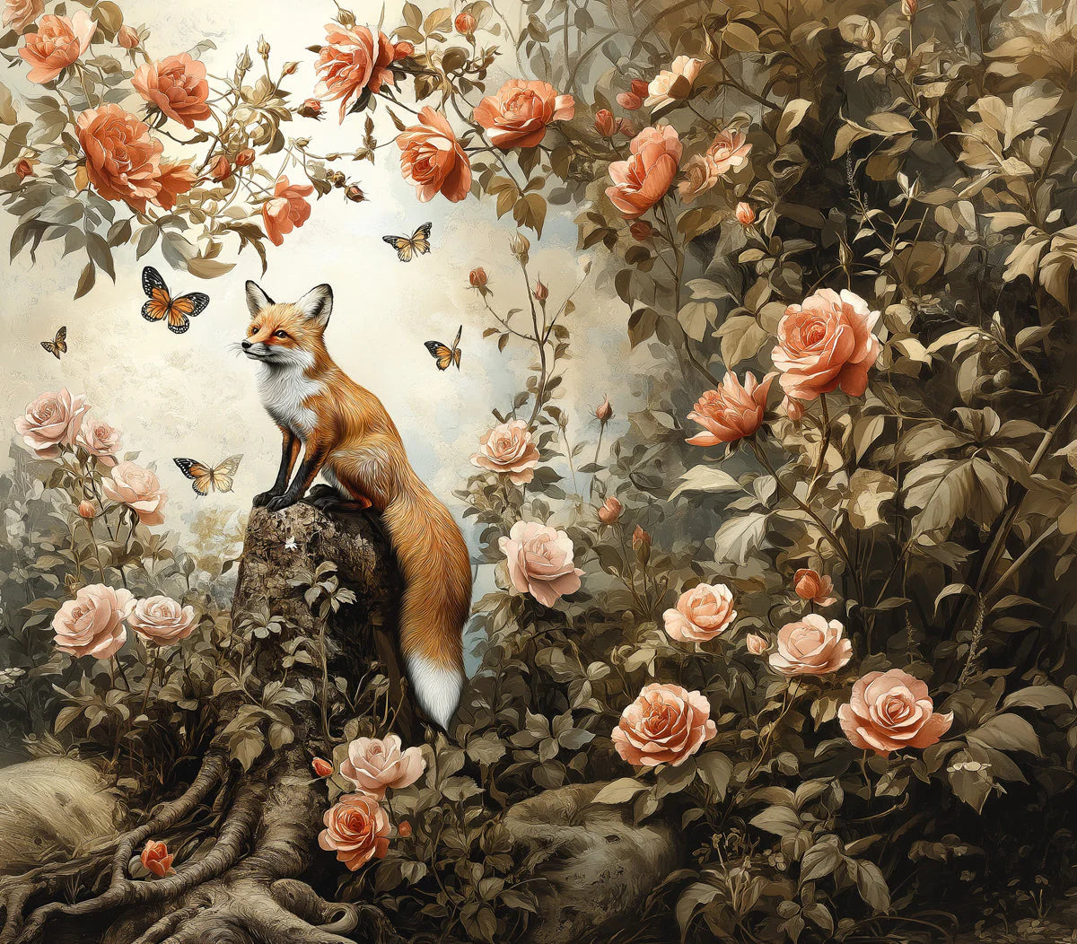 Fox and Wild Rose Garden Mural Wallpaper — Whimsical Floral Mural Wallpaper - room preview 04
