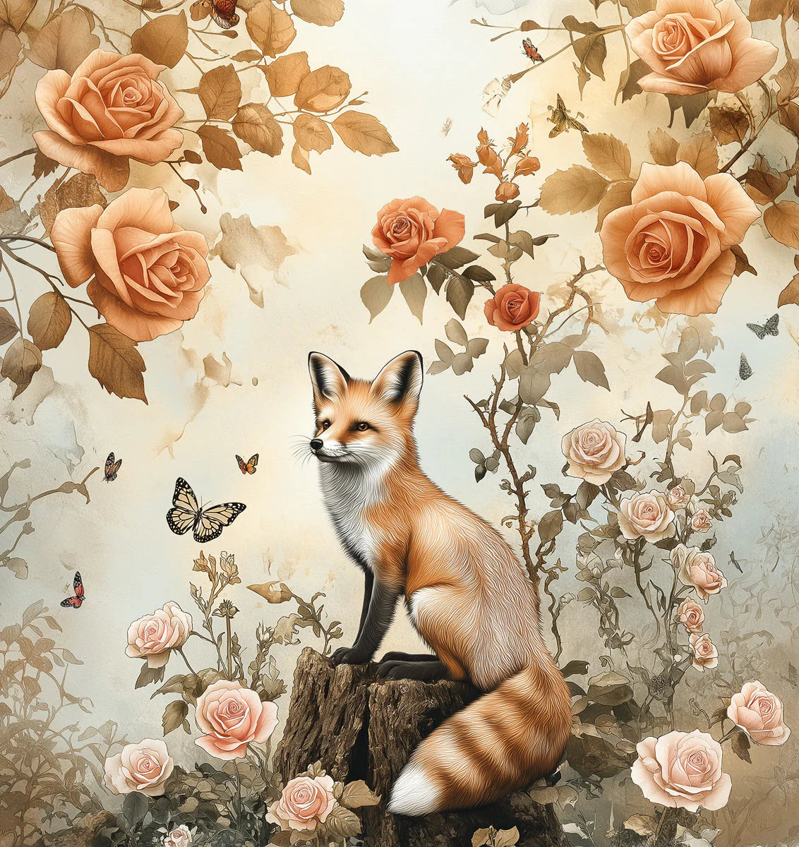 Fox and Wild Rose Garden Mural Wallpaper in Soft Amber Mural Wallpaper - room preview 04