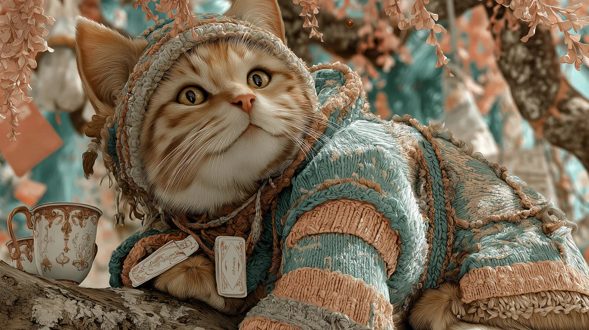 Cozy Knitted Kitten Mural Wallpaper in Soft Teal and Ginger Mural Wallpaper - room preview 04