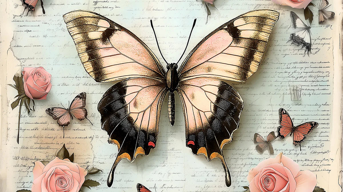 Vintage Butterfly & Rose Script Mural Wallpaper - room preview 04