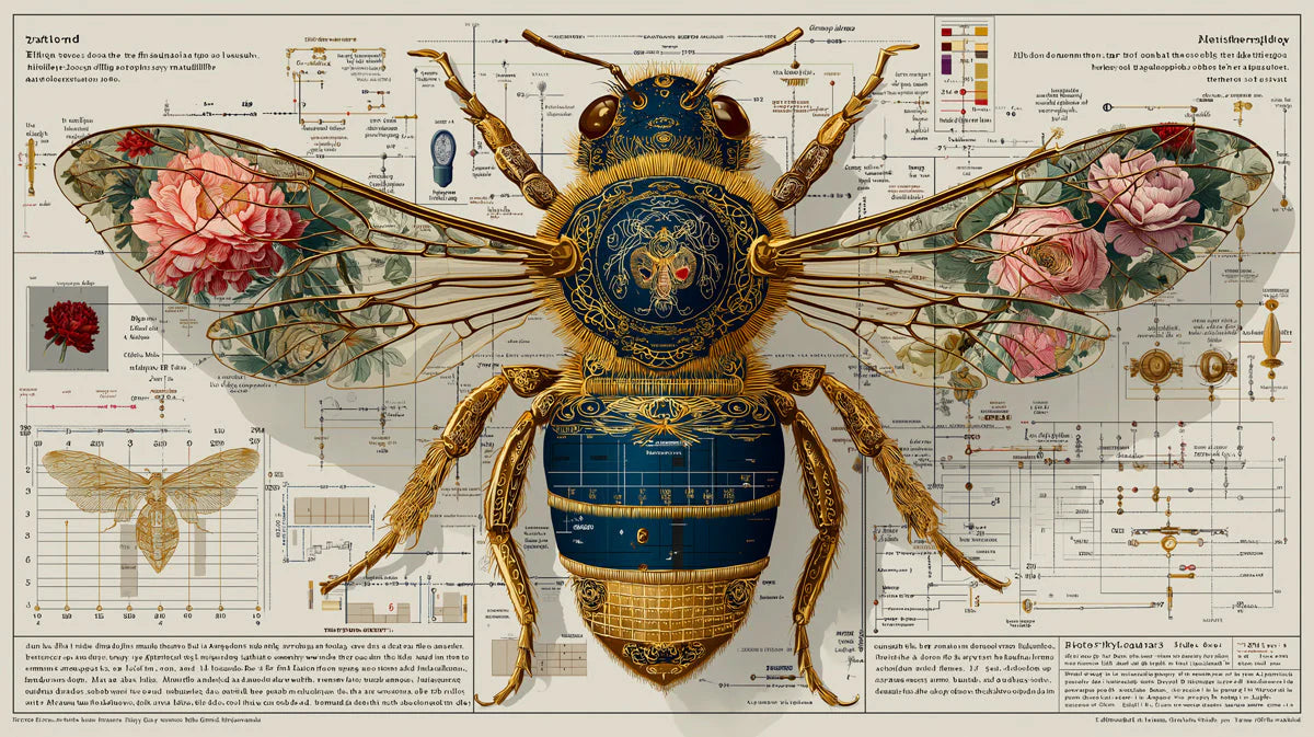 Botanical Bee Blueprint Mural Wallpaper — Vintage Scientific Study Mural Wallpaper - room preview 04
