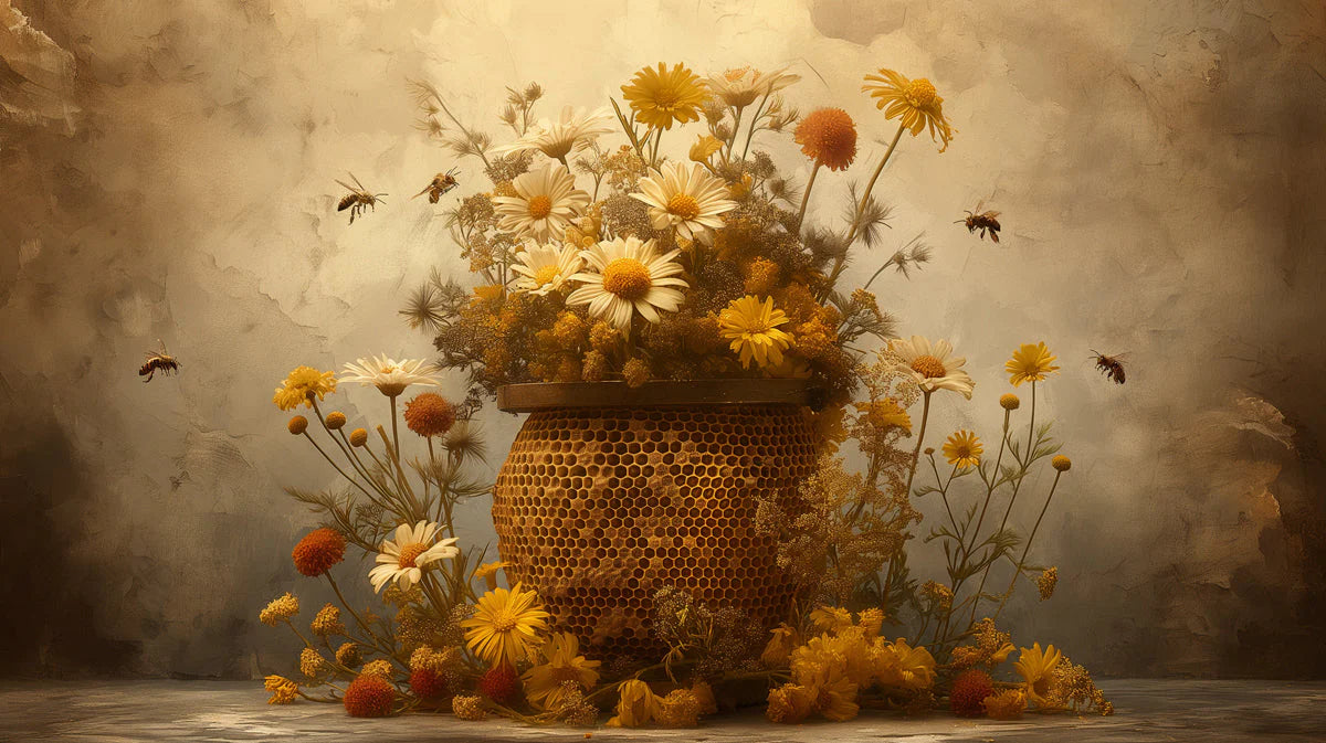 Honeybee Floral Mural Wallpaper with Ochre and Sepia Tones Mural Wallpaper - room preview 04