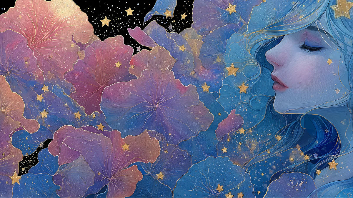 Celestial Dreamer Mural Wallpaper in Ethereal Blue and Gold Mural Wallpaper - room preview 04