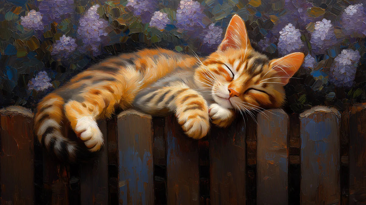 Sleeping Tabby Cat Floral Mural Wallpaper —Oil Painting Style Mural Wallpaper - room preview 04