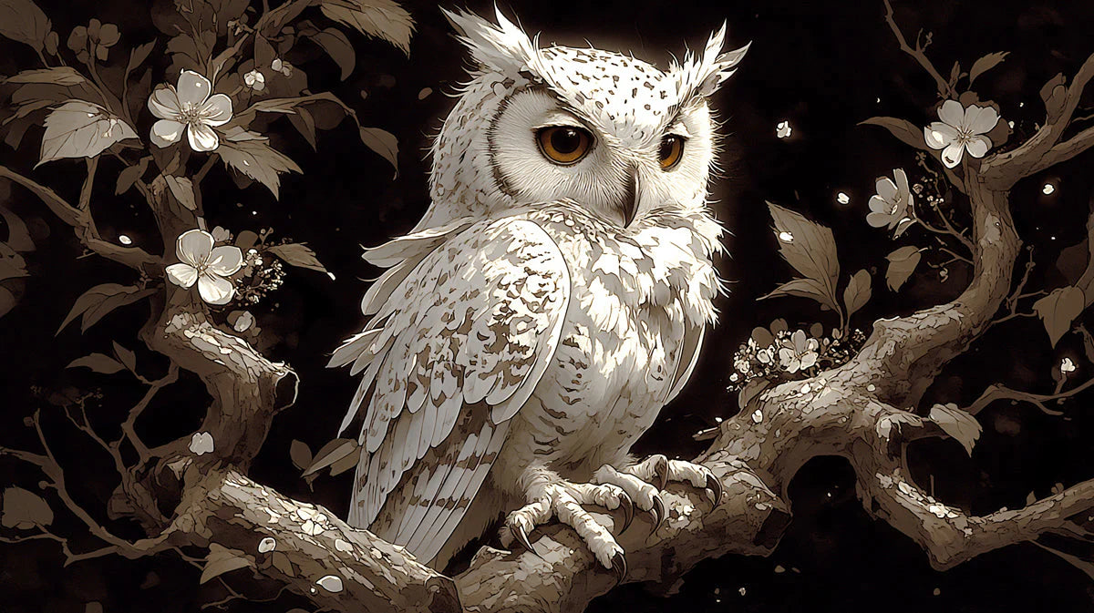 Nocturnal Owl and Blossom Mural Wallpaper —Moody Monochrome Mural Wallpaper - room preview 04