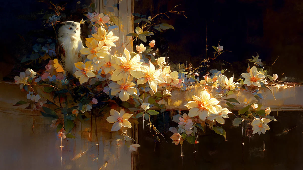 Nocturnal Owl and Gilded Bloom Mural Wallpaper - room preview 04
