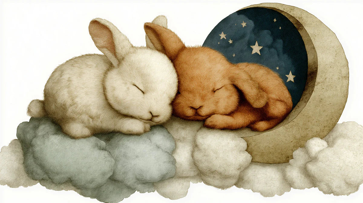 Sleeping Bunnies on Moon Mural Wallpaper —Soft Whimsical Illustration Mural Wallpaper - room preview 04